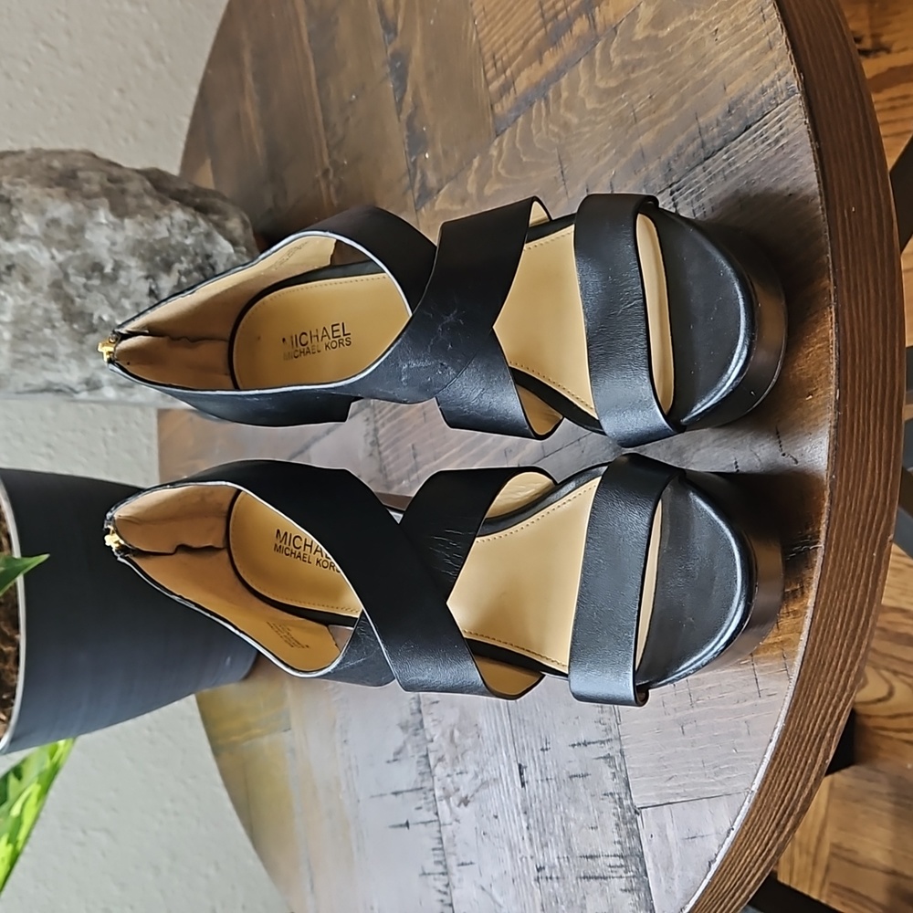 Michael Kors black leather wedges with gold details